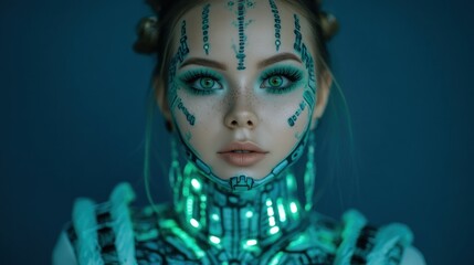Close-up portrait of a young woman with elaborate teal and teal-green face and body art, evoking a futuristic cyber-inspired aesthetic.