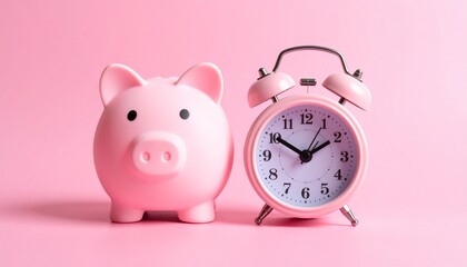 Pink Piggy Bank and Alarm Clock on Pink Background Representing Time Management and Financial Savings