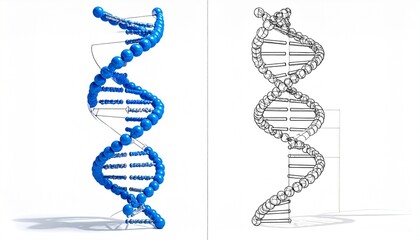 Comparison of Stylized Blue and Metallic DNA Double Helix Models on a Split Background