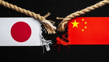 Japan and China Flags Tied with Frayed Rope Representing Geopolitical Tension and Rivalry