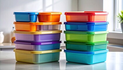 Two Stacks of Colorful Transparent Plastic Food Storage Containers with Airtight Lids