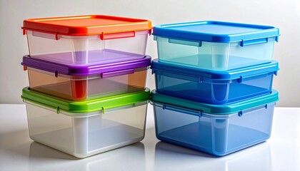 Two Stacks of Colorful Transparent Plastic Food Storage Containers with Airtight Lids