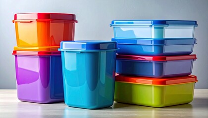 Two Stacks of Colorful Transparent Plastic Food Storage Containers with Airtight Lids