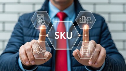 Businessman interacting with digital SKU management interface