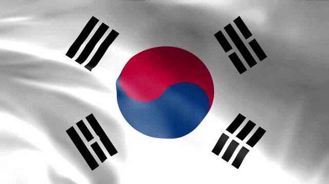 Waving flag of South Korea national symbol with Taegeuk and trigrams representing patriotism and Korean culture isolated