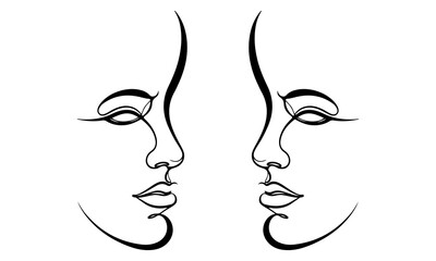 Two minimalist line art faces gaze at each other, creating a sense of balance and harmony. The simple lines evoke emotion, while the symmetry enhances the overall aesthetic. © Markpixel