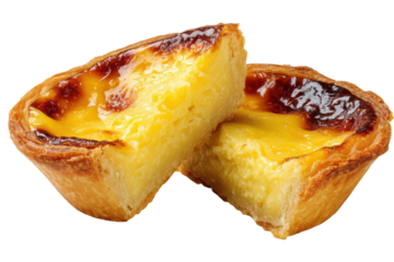 Delicious portuguese custard tarts isolated on transparent background. Portuguese custard tart pastel de nata delicious treat isolated on white background.
