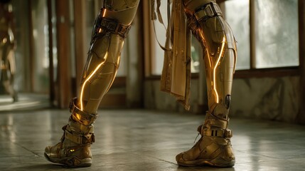 Close-up view of a futuristic, metallic leg with glowing gold accents, showcasing intricate details and a technological aesthetic in an aged interior setting.