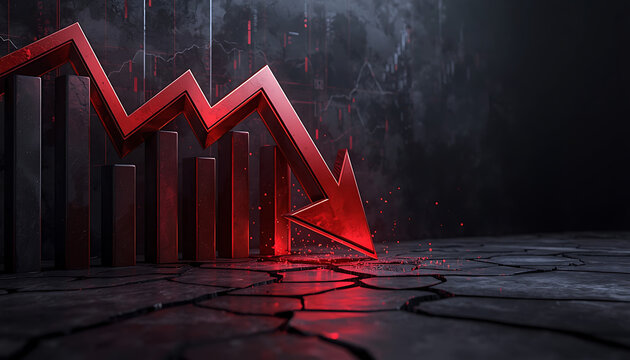 Large red arrow crashing through cracked ground during market collapse