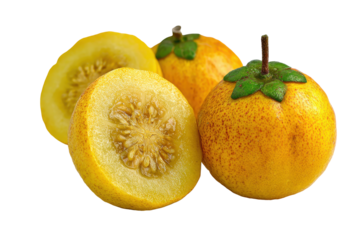 Whole and halved yellow star apple fruit isolated on transparent background. Yellow star apple fruit isolated on white background.