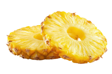 Fresh pineapple rings isolated on transparent background. Two sweet pineapple rings juicy and tropical sliced fruit isolated on white background.