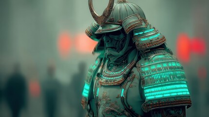 A futuristic samurai warrior in teal armor, adorned with glowing teal accents, stands amidst a hazy urban landscape.