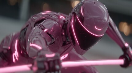 A futuristic, polished, magenta robot, poised in a dynamic attack stance, holding a glowing pink energy blade, fills the frame.