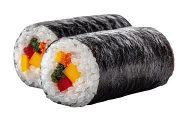 Pieces of fresh vegetable sushi roll isolated on transparent background. Two kimbap rolls with colorful vegetables and rice isolated on white background.
