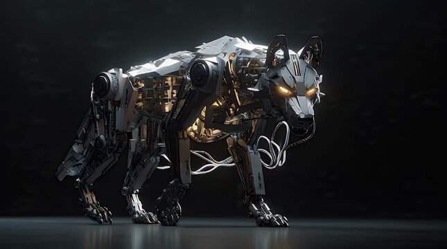 A futuristic robotic wolf with metallic body, glowing eyes, and exposed circuitry