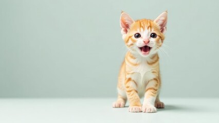 Cute ginger tabby kitten, perfect for pet store or vet clinic banner. Light neutral background, warm and inviting pet care concept. copy space, free space for text