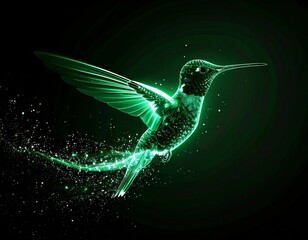 Obraz premium Glowing Green Hummingbird Silhouette Flying on a Dark Background