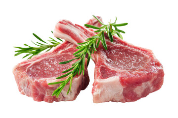 Fototapeta premium Raw lamb chops with fresh rosemary sprigs isolated on transparent background. Raw lamb chops with rosemary sprigs ready to cook isolated on white background.