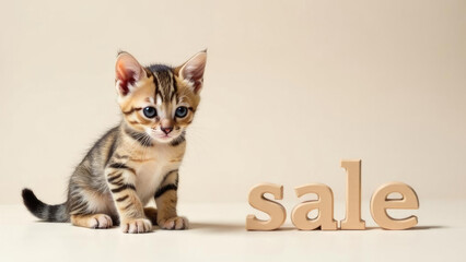 Small gray striped kitten with SALE inscription on light background. Promotional banner for veterinary clinic or pet store discount event