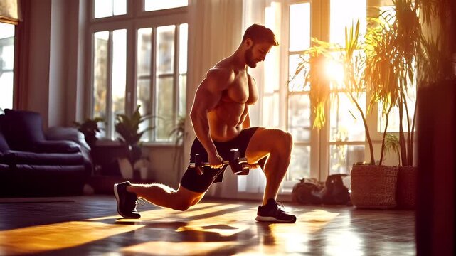 Fitness. Exercise. New Year resolution. Healthy lifestyle theme. man performing dumbbell squat exercise in sunlit room with large windows and indoor plants.