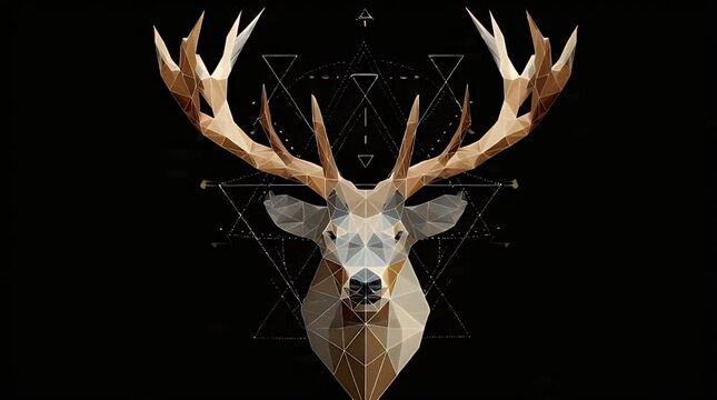 A geometric illustration of a deer's head with large antlers on a black background with geometric shapes