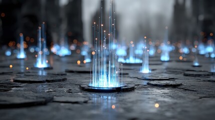 Abstract digital landscape showcases glowing, light-blue data streams rising from textured, dark gray stone formations.