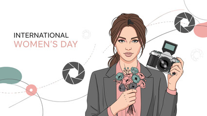 Professional Female Photographer Celebrating International Women&rsquo;s Day with Camera and Floral Symbol, Creative Career Empowerment Illustration in Clean Editorial Vector Style
