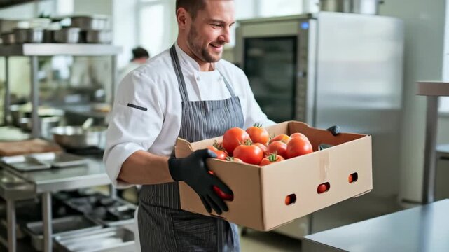 Male chef carrying fresh red tomato box in commercial kitchen for food preparation footage