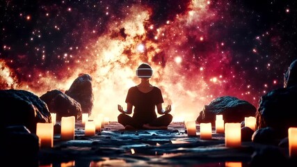 Fitness. Exercise. New Year resolution. Healthy lifestyle theme. person wearing virtual reality headset meditating in front of fiery backdrop.