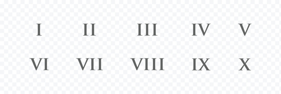 Roman numerals. Numbers from one to twelve. Typography set. Roman numeral vector set with antique Latin digits and vintage typography symbols. Classic decorative number collection on transparent bg.