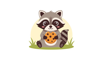 Fototapeta premium Cute raccoon character sitting on the grass holds a large chocolate chip cookie on a sunny circular light background.
