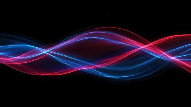 Abstract digital sine waves of red and blue light moving and intersecting on a dark background for data visualization footage