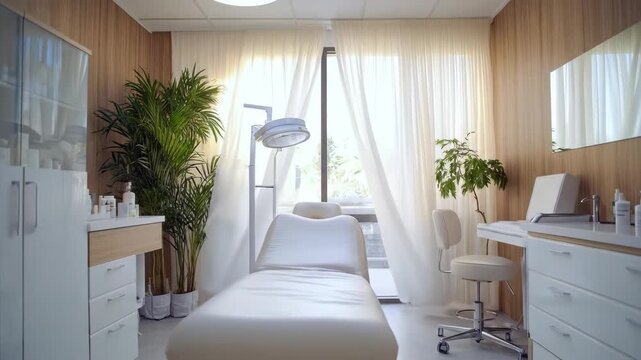 Modern empty beauty salon interior with cosmetic bed beside window and cabinet, medical examination room video