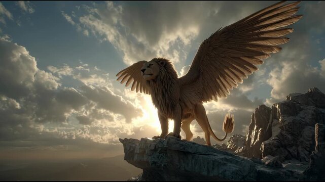 Majestic Winged Lion Roaring on Cliff at Sunset.