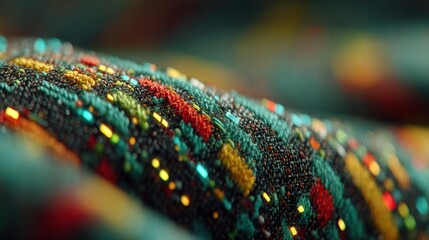 Close-up view of intricately patterned textile, showcasing vibrant colors and a textured surface.
