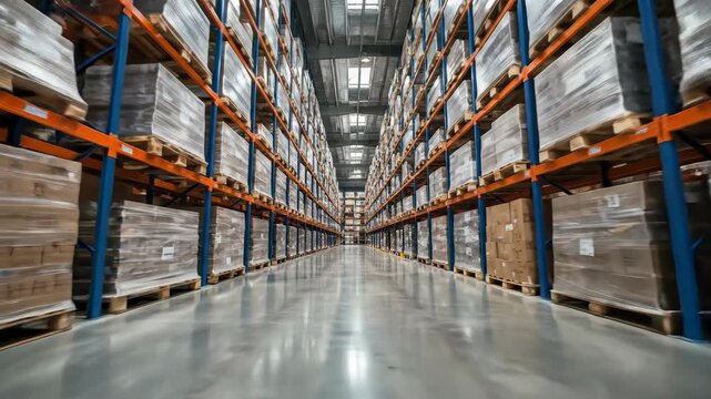 Warehouse interior with tall racks stocked with goods and packages, logistic center for commerce and storage footage