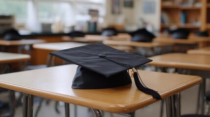 Black graduation cap resting on a wooden desk in a classroom. the cap has a tassel hanging from the top and appears to be made of a shiny material.
