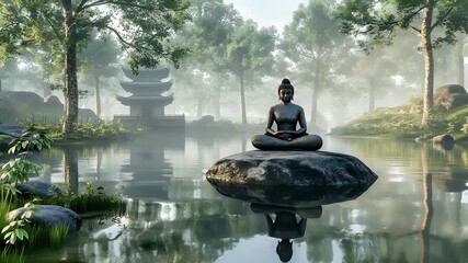 Fitness. Exercise. New Year resolution. Healthy lifestyle theme. A serene, tranquil scene featuring a Buddha statue in a meditative pose. The Buddha statue is positioned on a rock.