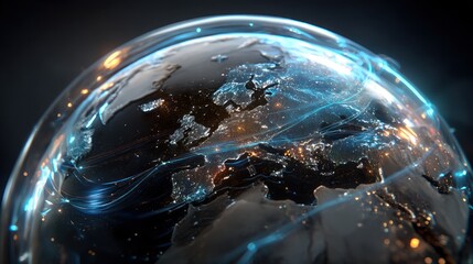 A detailed, high-resolution globe showcasing global connections, with luminous lines representing digital pathways and city lights.