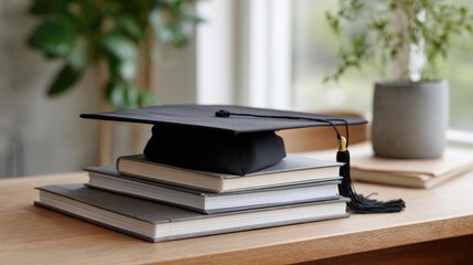 Stack of books on a wooden table. on top of the books, there is a black graduation cap with a gold tassel. the background is blurred, but it appears to be a room with a window and a potted plant.