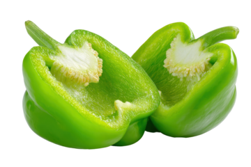 Fresh green bell pepper isolated on transparent background. Green bell pepper halved showing seeds and texture isolated on white background.