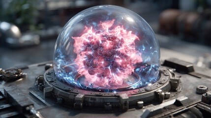 A vibrant, energy-filled sphere encased within a futuristic, metallic device.