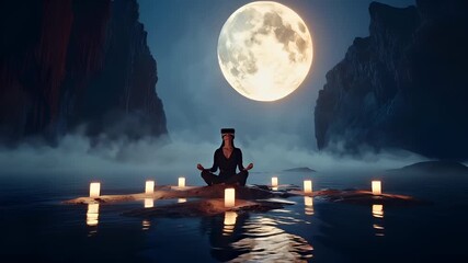 Fitness. Exercise. New Year resolution. Healthy lifestyle theme. woman in virtual reality headset meditating in lotus pose on rocky shoreline with floating candles under a large, luminous moon.