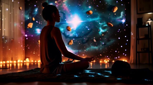 Fitness. Exercise. New Year resolution. Healthy lifestyle theme. woman meditating in lotus position against a cosmic backdrop with floating objects and a galaxylike nebula.