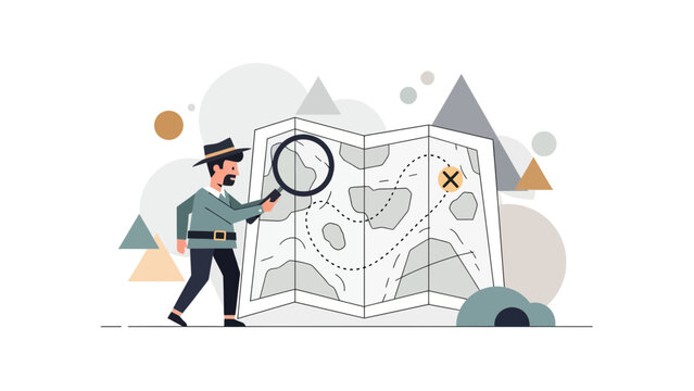 Man Explore Territory With Map Using Magnifying Glass Adventure Seeker
