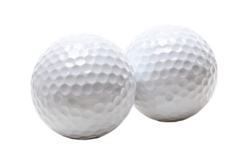 White golf balls with dimples isolated on transparent background. Two white golf balls isolated on white background.
