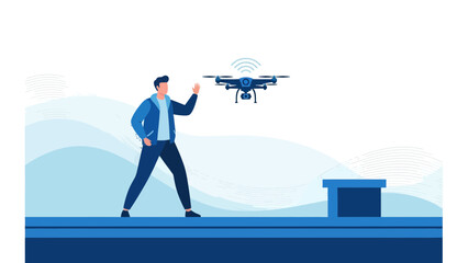 Obraz premium Man Pilot Flying Drone With Remote Control In Urban Scene Illustration