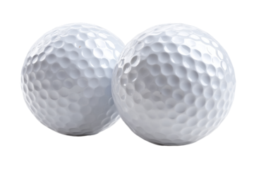 White golf balls side by side isolated on transparent background. Two white golf balls detailed texture isolated on white background.