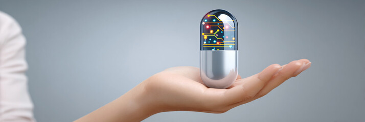 Hand holding a futuristic capsule with digital circuitry design, symbolizing advanced technology and innovation in healthcare, representing the future of medicine and wellness solutions