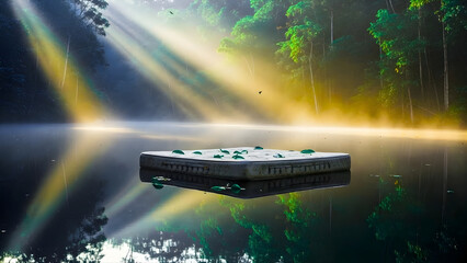 Naklejka premium Mattress floats serenely on misty lake with sunbeams shining through forest trees